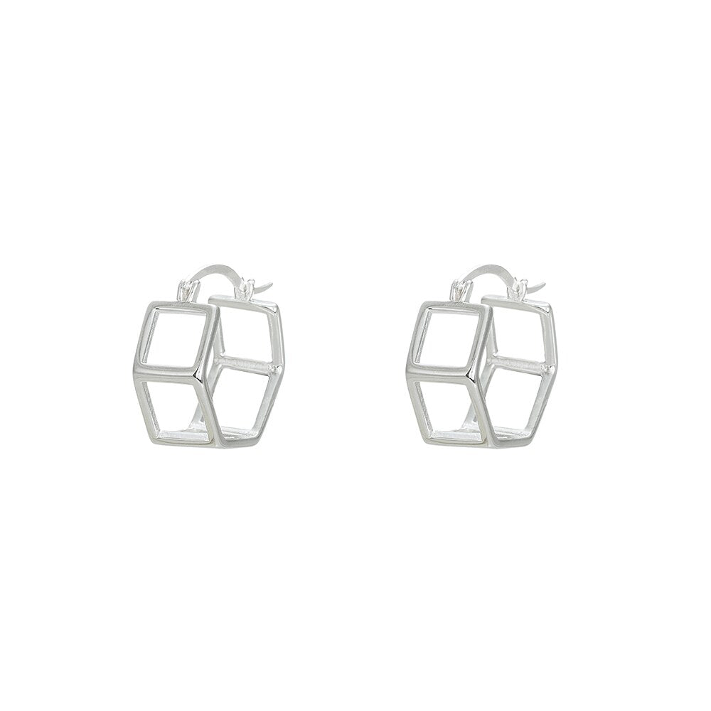 Silver Two Dimention Hexagon Hoop Earrings